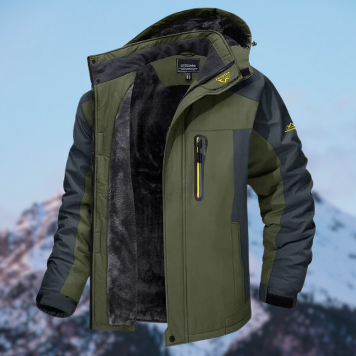 "Waterdichte heren winterjas met fleece, blauw, verstelbare capuchon, stevige ritssluiting, ideaal voor koude dagen."