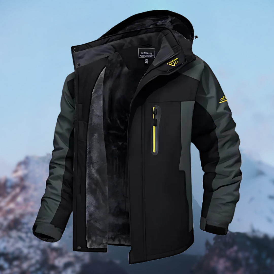 "Waterdichte heren winterjas met fleece, blauw, verstelbare capuchon, stevige ritssluiting, ideaal voor koude dagen."