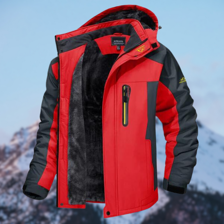 "Waterdichte heren winterjas met fleece, blauw, verstelbare capuchon, stevige ritssluiting, ideaal voor koude dagen."