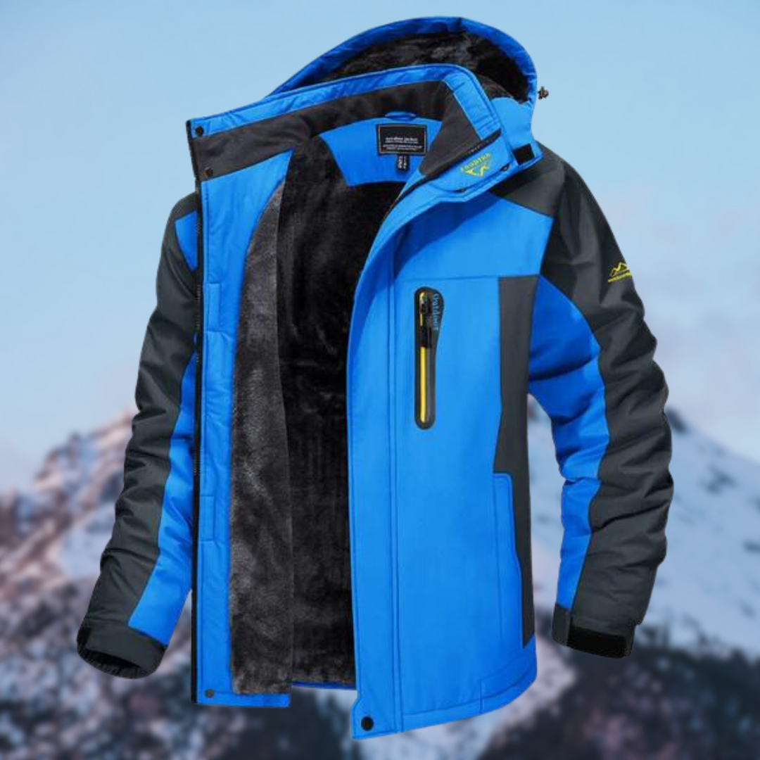 "Waterdichte heren winterjas met fleece, blauw, verstelbare capuchon, stevige ritssluiting, ideaal voor koude dagen."