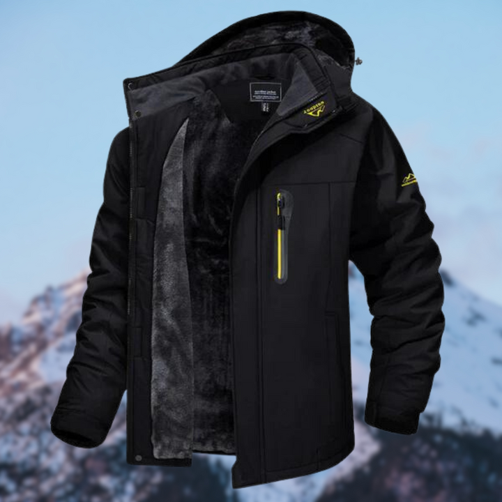 "Waterdichte heren winterjas met fleece, blauw, verstelbare capuchon, stevige ritssluiting, ideaal voor koude dagen."
