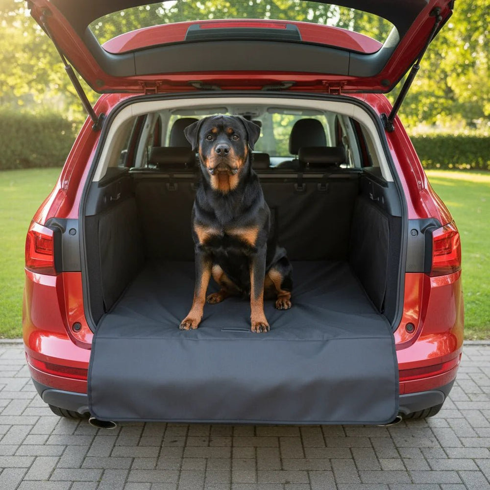 Zwarte waterdichte autostoelhoes voor honden in hangmat-stijl. Biedt comfort en autobescherming tijdens reizen.