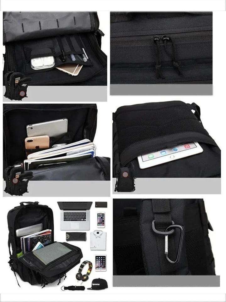 Waterdichte noodrugzak, legergroen, 50L, met 14 vakken en Molle-systeem, ideaal voor noodsituaties en outdoor avonturen.