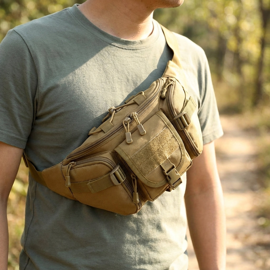 Waterdichte PackForge tactische heuptas voor outdoor, wandelen & reizen, duurzaam nylon.