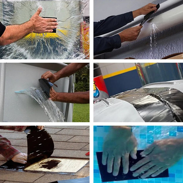 Hand brengt flexibele polymeer reparatietape aan. Snelle, zelfklevende oplossing voor noodreparaties.