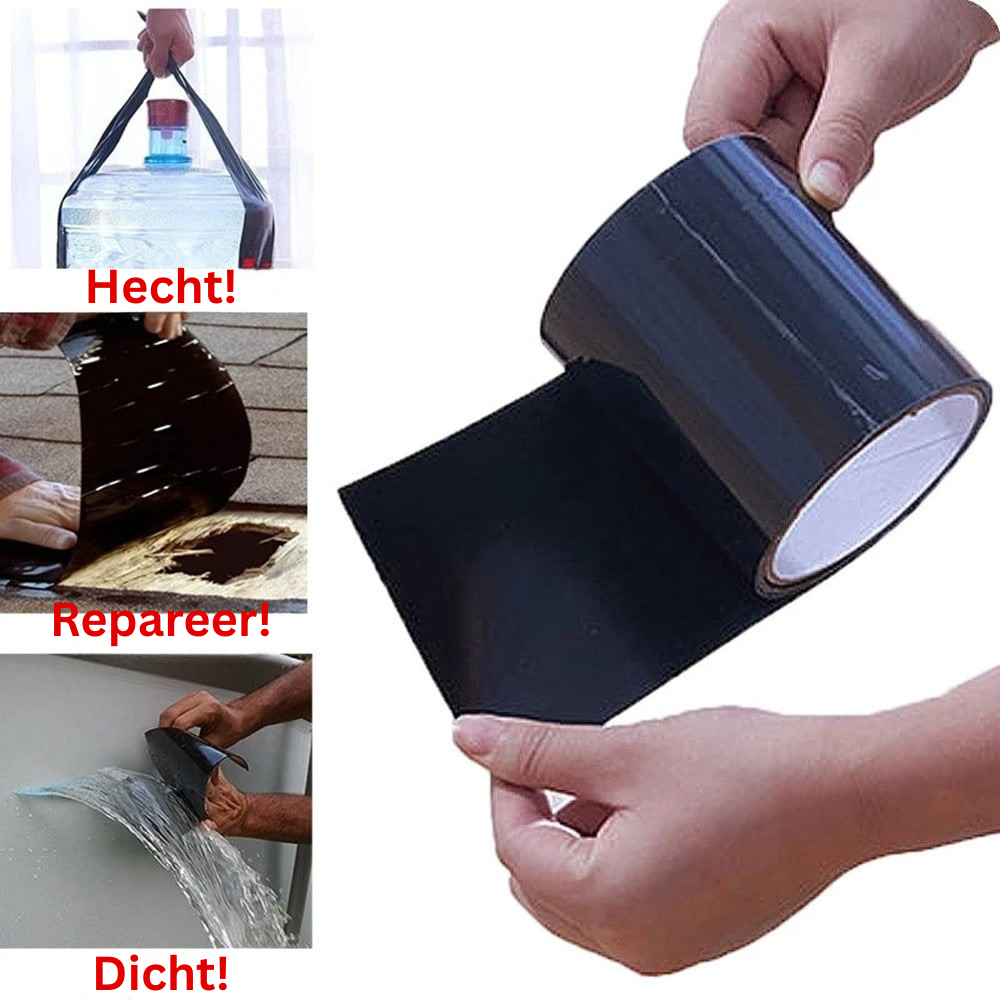 Close-up van waterdichte reparatietape die een gat in een emmer afdicht. Bestand tegen water.