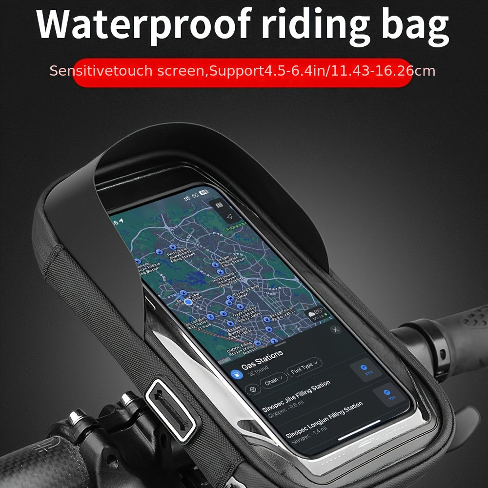"Waterdichte telefoonhouder voor fiets en motor, draait 360 graden, past op telefoons 4,5-6,4 inch, gemonteerd op stuur."
