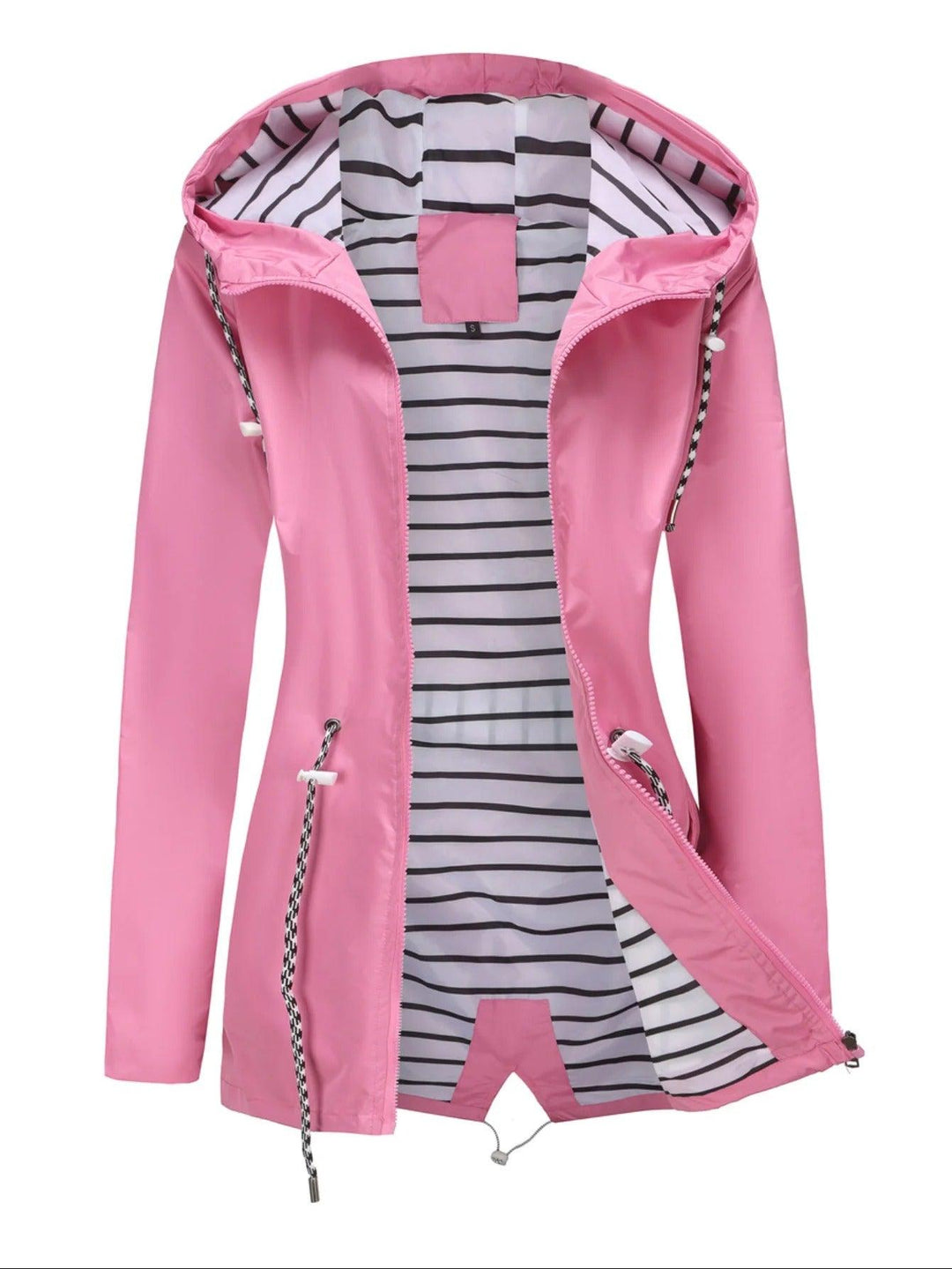 "Weerbestendige damesjas met capuchon in herfstkleuren, wind- en waterdicht, perfect voor regenachtig weer."