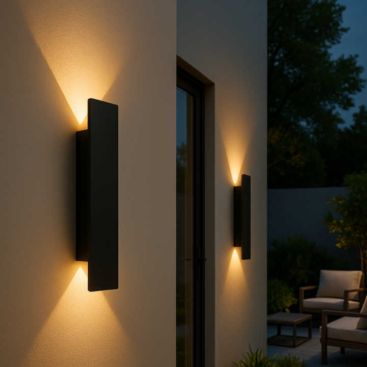 "Weerbestendige, minimalistische LED wandlamp voor buiten, ideaal voor gevel of terrasverlichting met IP65-bescherming."