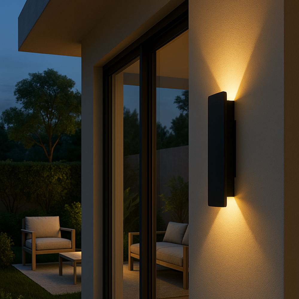 "Weerbestendige, minimalistische LED wandlamp voor buiten, ideaal voor gevel of terrasverlichting met IP65-bescherming."
