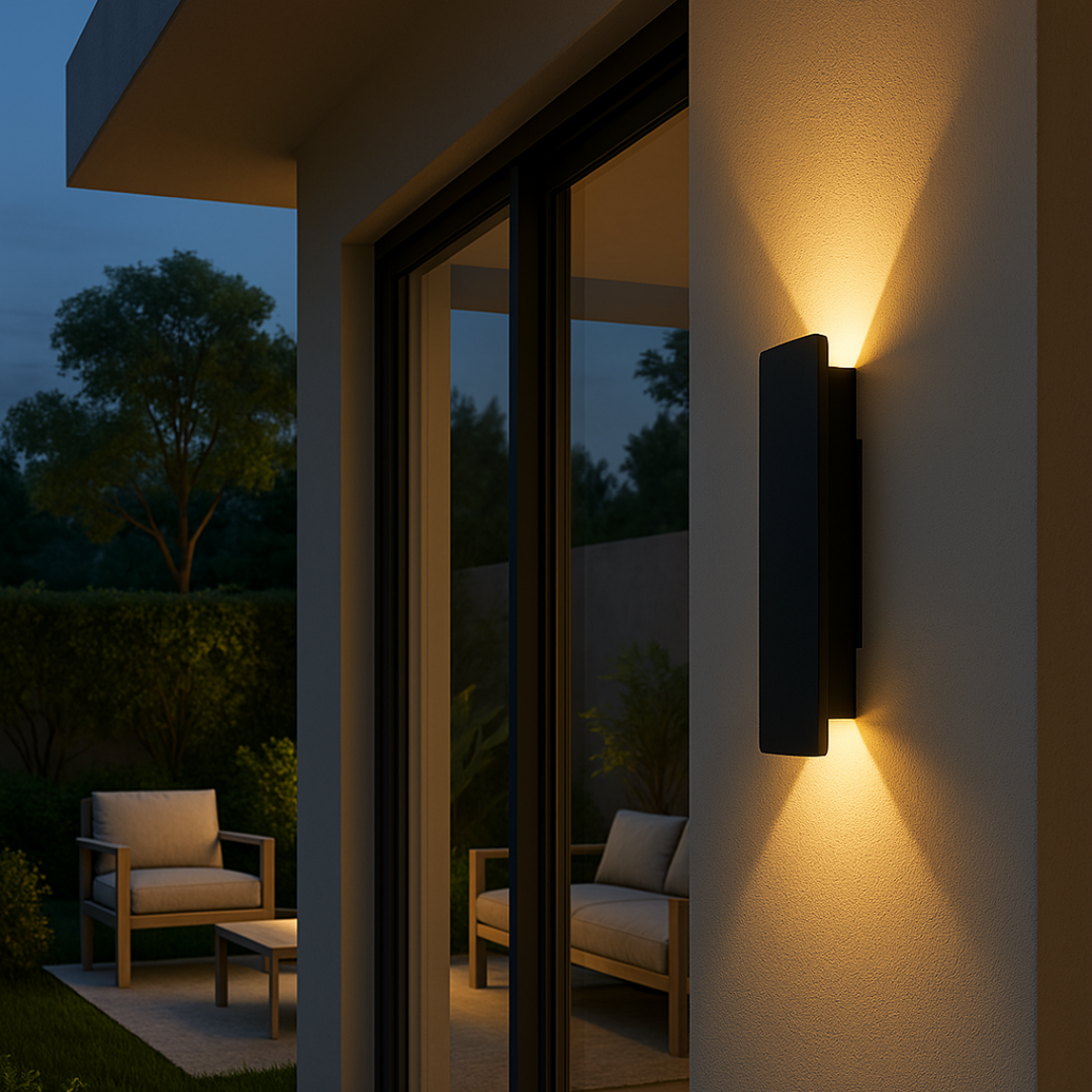 "Weerbestendige, minimalistische LED wandlamp voor buiten, ideaal voor gevel of terrasverlichting met IP65-bescherming."