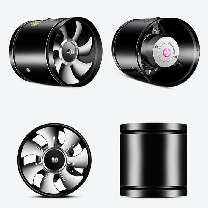 "WhisperFlow Ventilator zwart en wit, stille krachtige afzuiging voor keukens en kantoren, metalen omhulsel, energiezuinig."