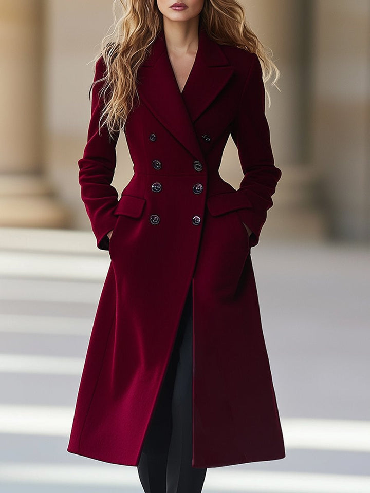 Wijnrode dames trenchcoat, elegant en stijlvol. Een luxe klassieke winterjas voor vrouwen.