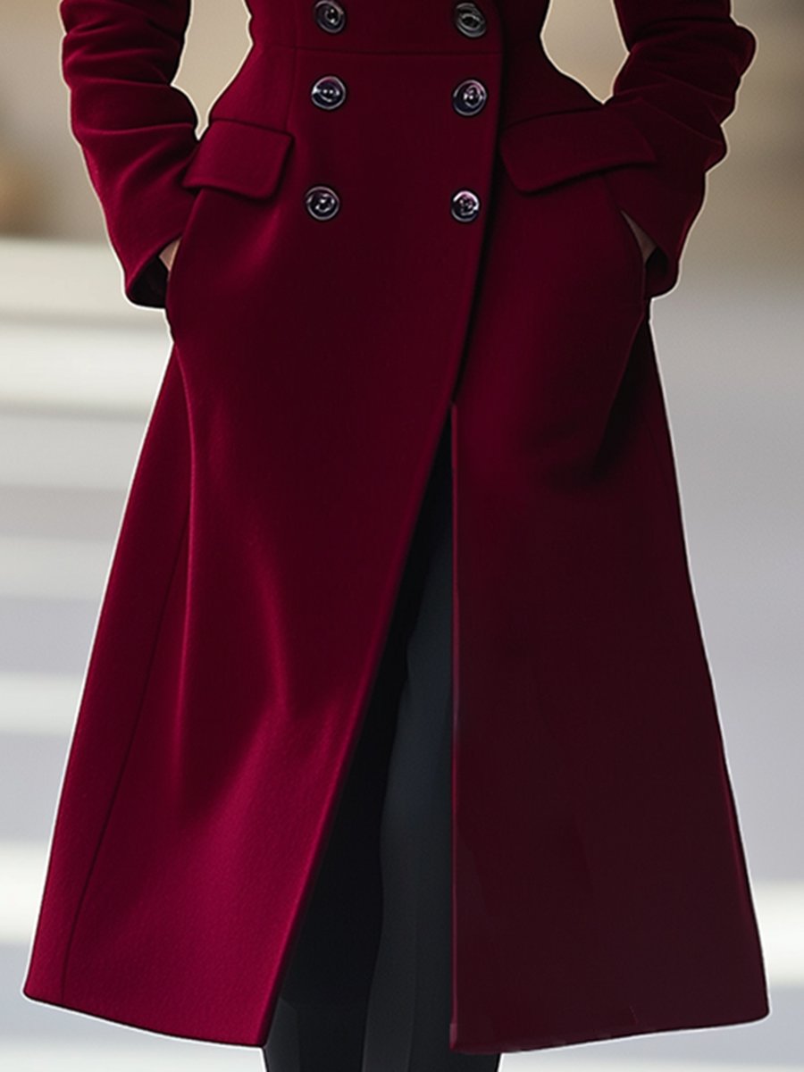 Elegante wijnrode dames winterjas, een chique trenchcoat die luxe en mode uitstraalt.