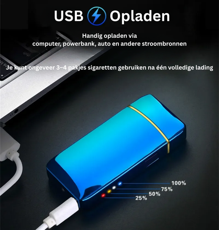 Compacte winddichte elektronische aansteker, ideaal voor buiten, USB oplaadbaar.