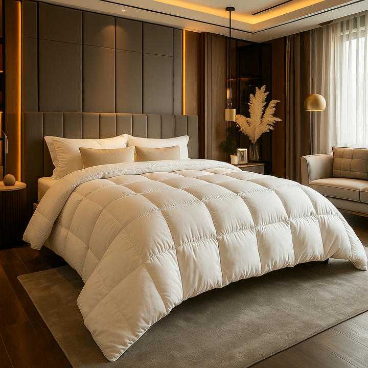 "Wit ganzendonzen dekbed met luxe uitstraling, lichte textuur en temperatuurregulatie voor optimaal slaapcomfort."