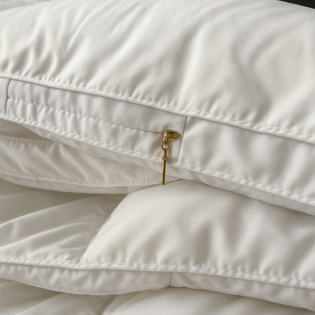 "Wit ganzendonzen dekbed met luxe uitstraling, lichte textuur en temperatuurregulatie voor optimaal slaapcomfort."
