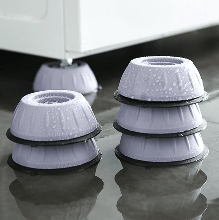 "Wit-grijze absorberende wasmachine pads, dempen geluid en trillingen, beschermen vloer, set van vier, eenvoudig te plaatsen.