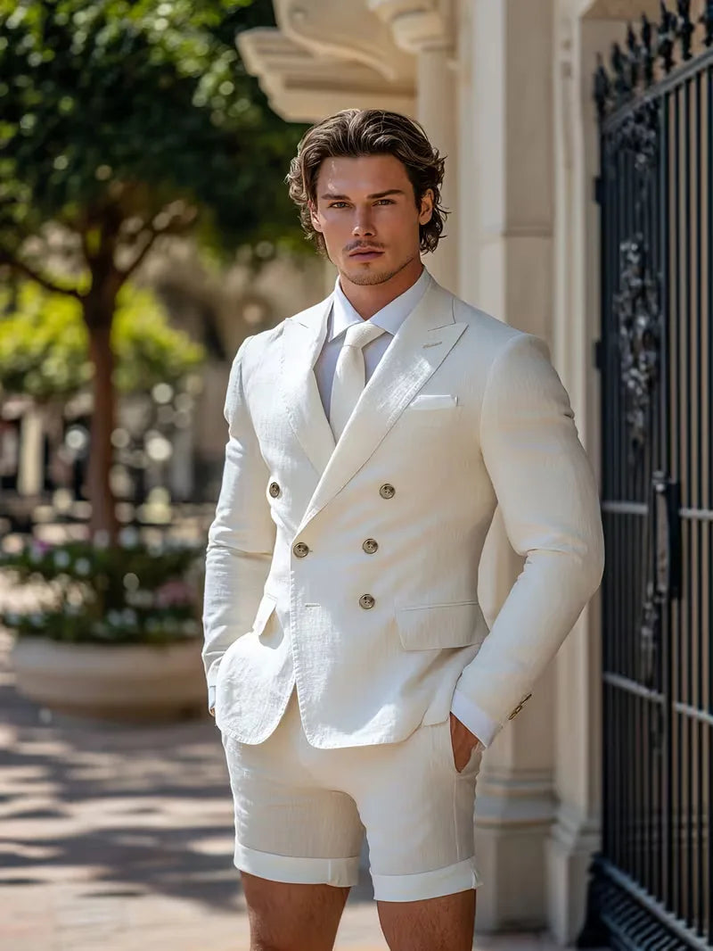 Elegant slim fit herencolbert, wit met dubbele knopen, perfect voor een moderne zakelijke of casual zomerlook.