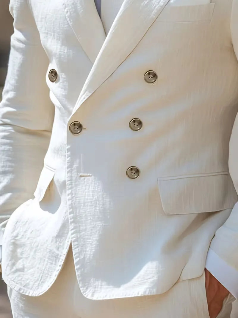 Zomers wit double-breasted herencolbert, slim fit met elegante knopen, perfect voor feestelijke en casual zomerstijlen.