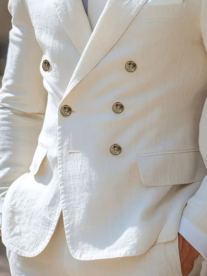Zomers wit double-breasted herencolbert, slim fit met elegante knopen, perfect voor feestelijke en casual zomerstijlen.