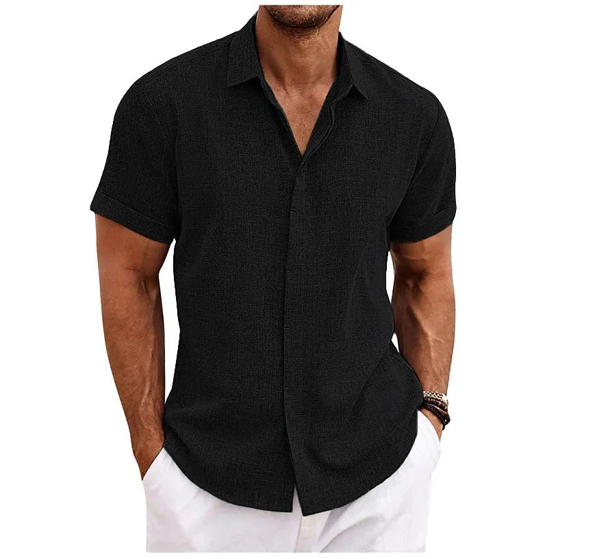 Wit Hoymans herenshirt van linnenmix met korte mouwen, ideaal voor casual zomercomfort, ademend.