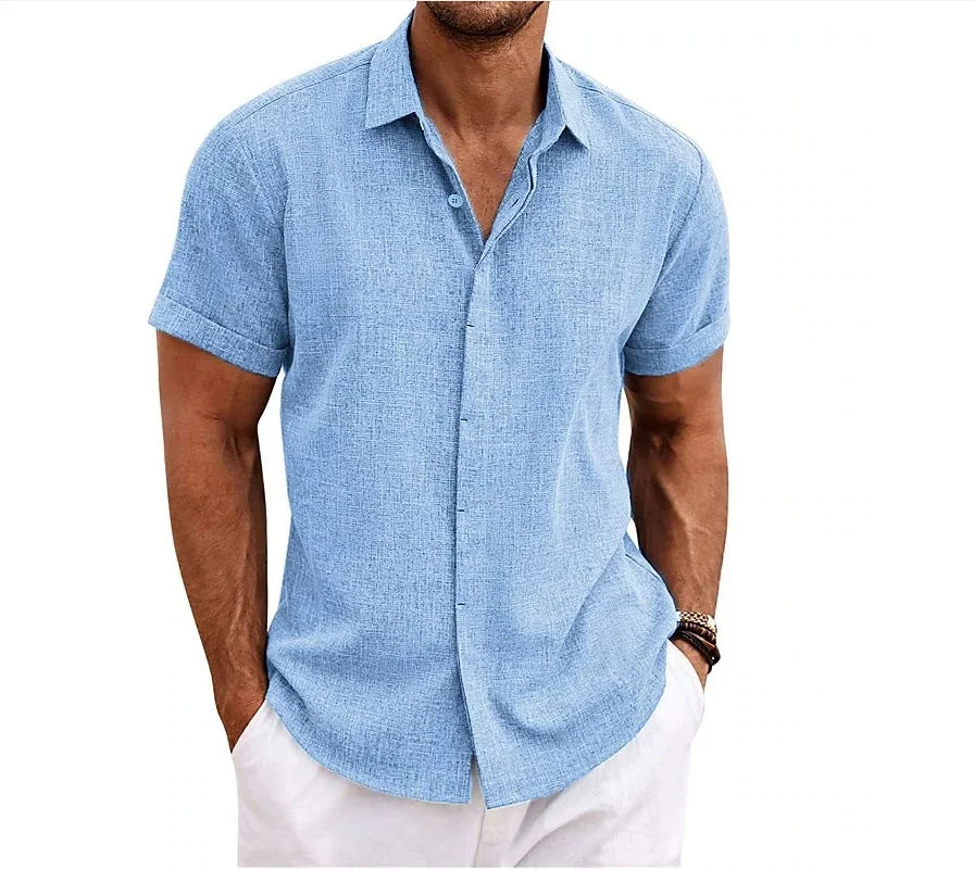 Hoymans casual herenshirt, linnenmix, korte mouwen, in lichtblauw; elegant en ademend voor warme dagen.