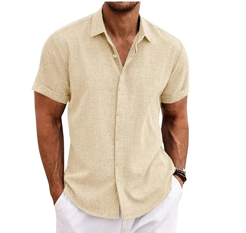 Elegant Hoymans herenshirt van linnen-katoenmix met korte mouwen, perfect voor casual zomerkleding.