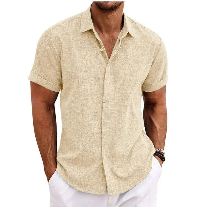 Elegant Hoymans herenshirt van linnen-katoenmix met korte mouwen, perfect voor casual zomerkleding.