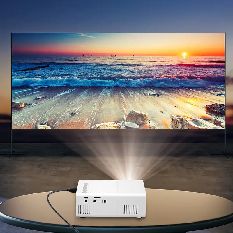 Aurora mini projector met wifi connectiviteit, toont helder beeld op muur, ideaal voor films en games.