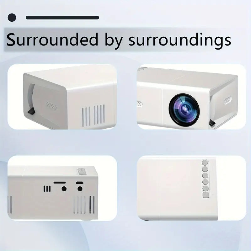 Zijaanzicht van de witte HD 720p mini beamer, met focusring en ventilatieopeningen voor koeling.
