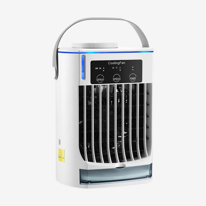 Witte draagbare mini koeler ventilator met USB voor persoonlijke verkoeling thuis of op kantoor, compact design.
