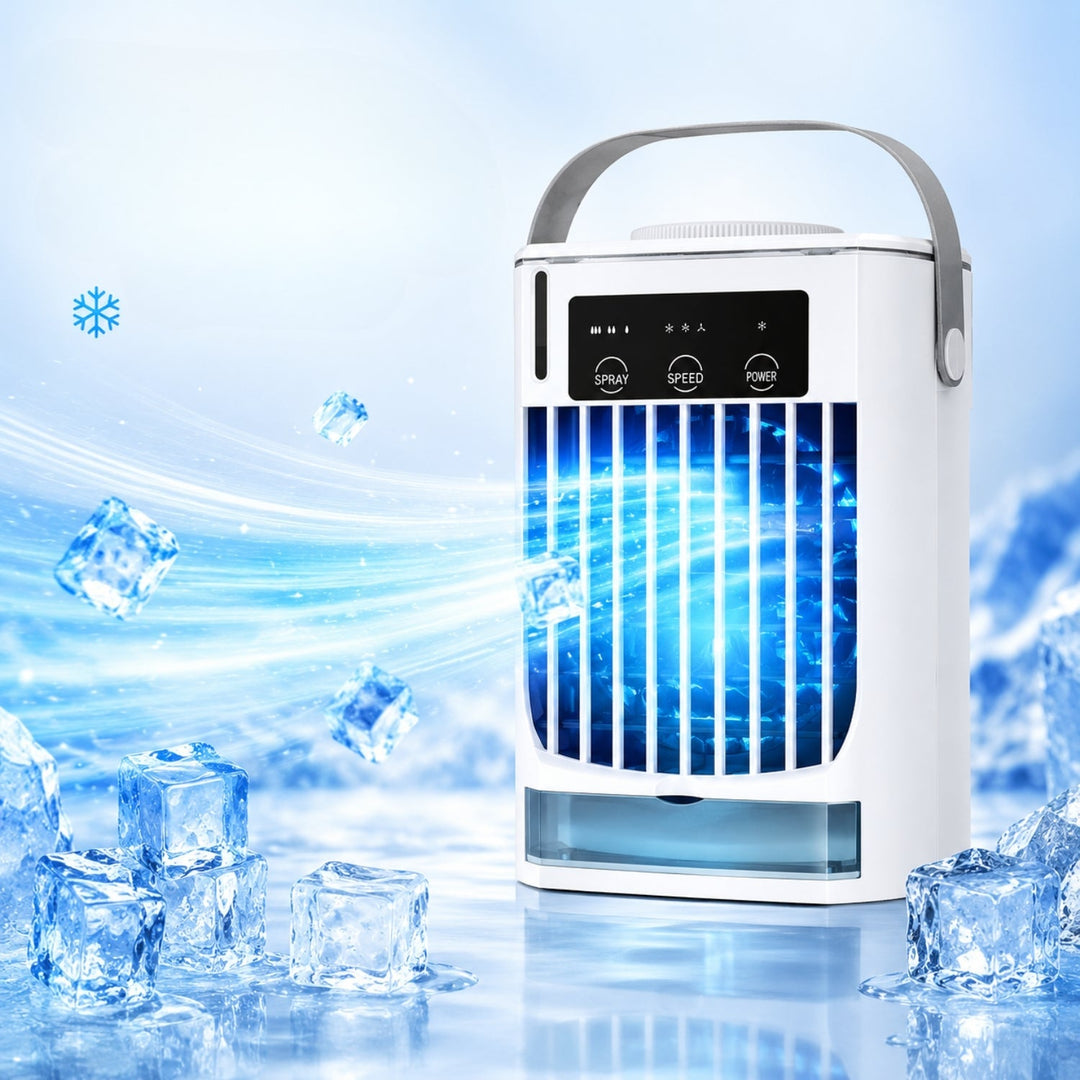 Compacte USB-aangedreven draagbare luchtkoeler ventilator voor frisse lucht en comfort op bureau of slaapkamer.