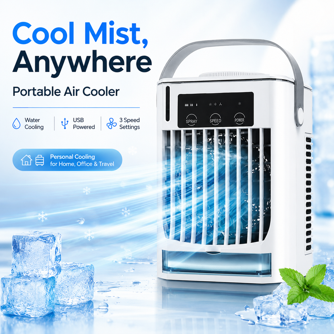 Mini ventilator met waterkoeling; draagbare luchtkoeler voor snelle persoonlijke verkoeling in de zomerhitte.