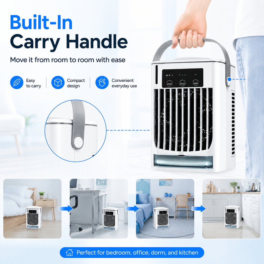 Stijlvolle witte compacte luchtkoeler ventilator voor persoonlijke verkoeling overal waar je bent, gemakkelijk te verplaatsen.