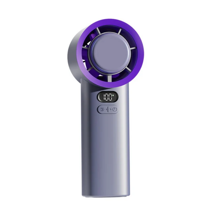 Compacte paarse USB mini handventilator, ideaal voor persoonlijke koeling; draagbaar en oplaadbaar.