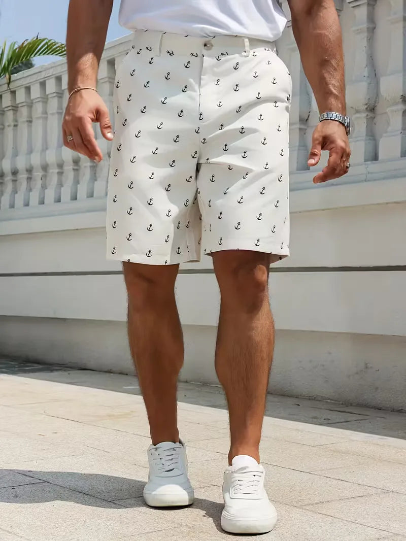Stijlvolle witte strandshorts voor heren, voorzien van een trendy ankerpatroon.