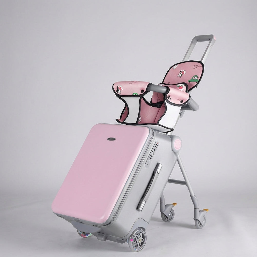 Roze ride-on kinderkoffer, ideaal als handbagage; kind kan erop rijden voor relaxed reizen.