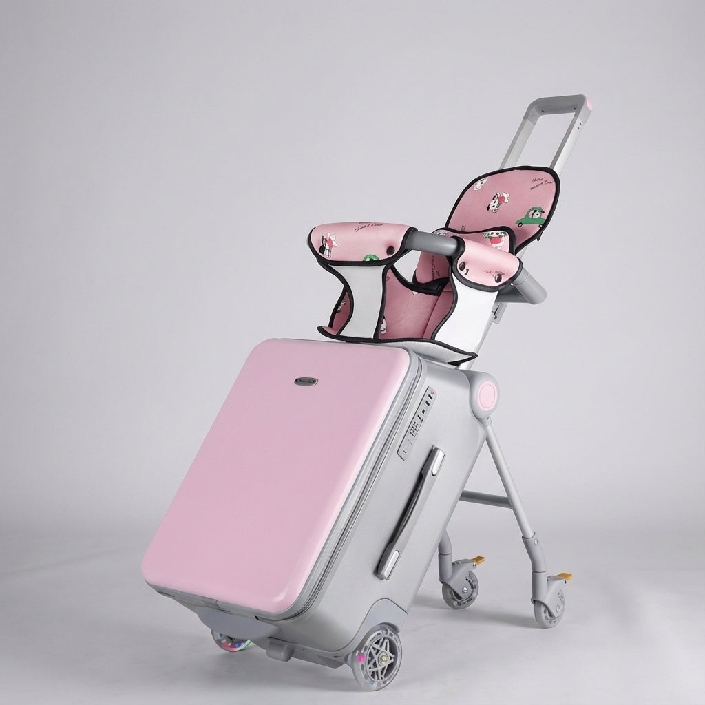Roze ride-on kinderkoffer, ideaal als handbagage; kind kan erop rijden voor relaxed reizen.