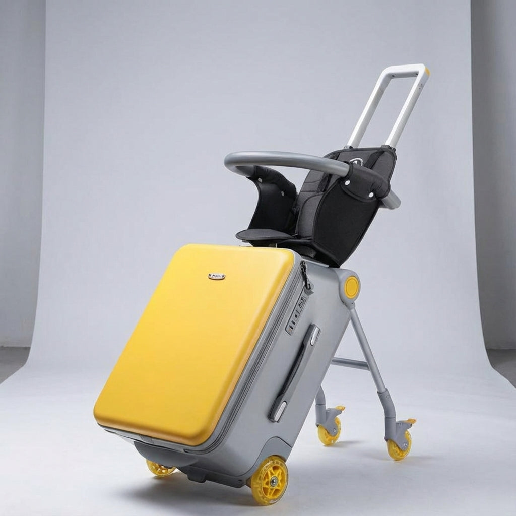 Stijlvolle witte ride-on kinderkoffer met stevige wieltjes, geschikt voor alle reizen.