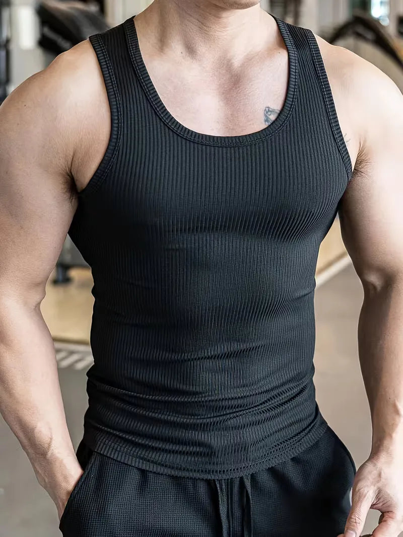 Ademende mouwloze geribde heren tanktop, slim fit, perfect als sportkleding voor fitness en de zomer.