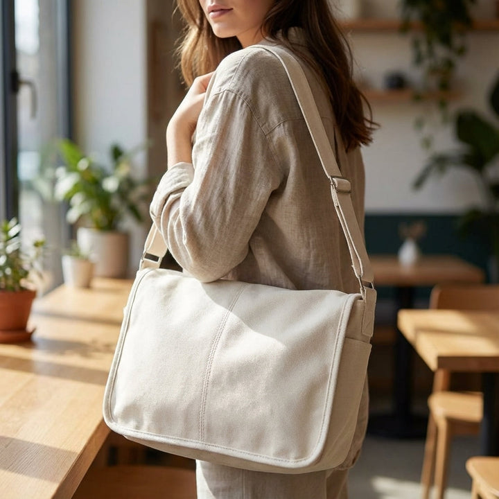 Witte, stevige unisex canvas schoudertas. Ideaal voor dagelijks gebruik, duurzaam en lichtgewicht. Messengerbag.