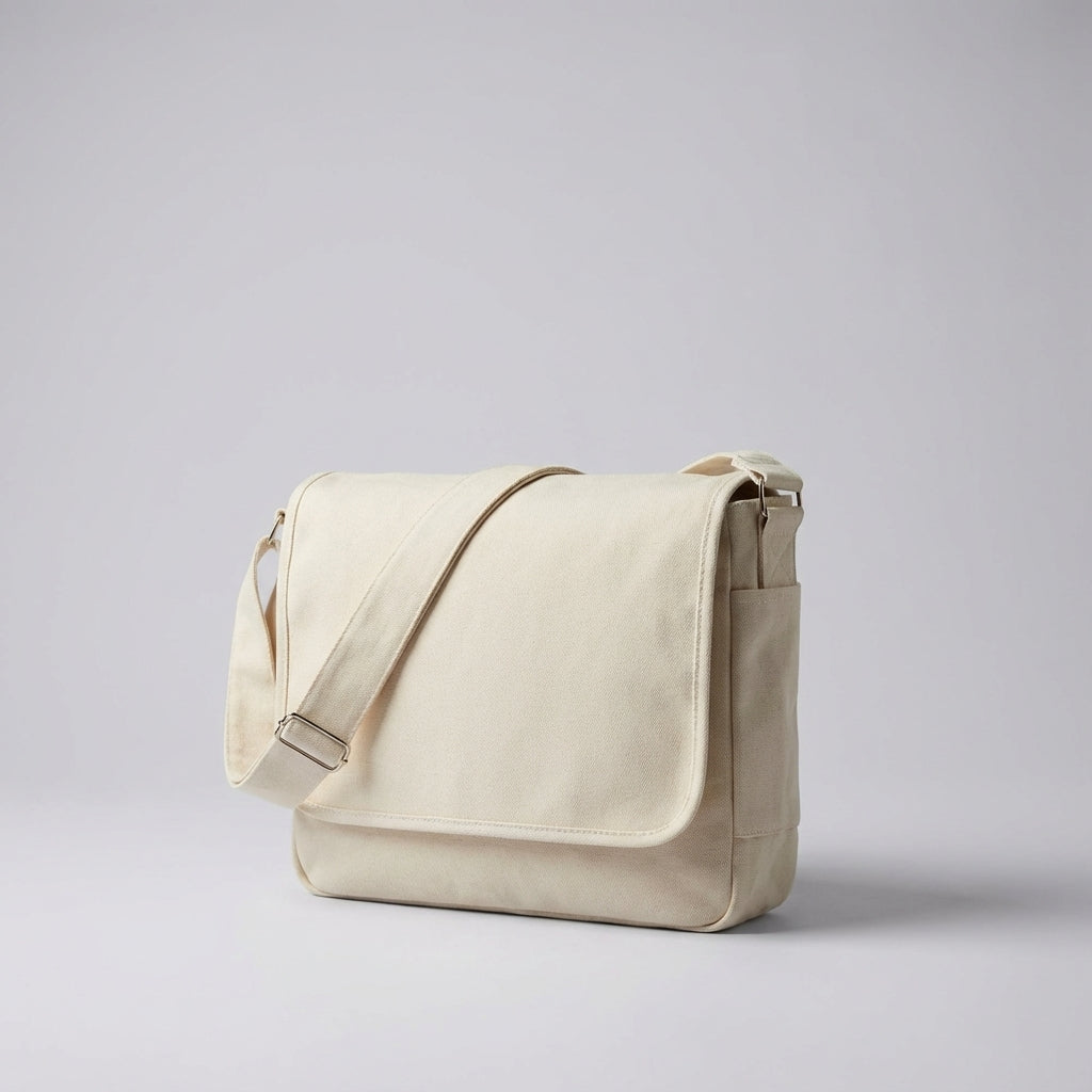 Zwarte functionele canvas schoudertas. Duurzame unisex messengerbag, perfect voor werk of reizen.