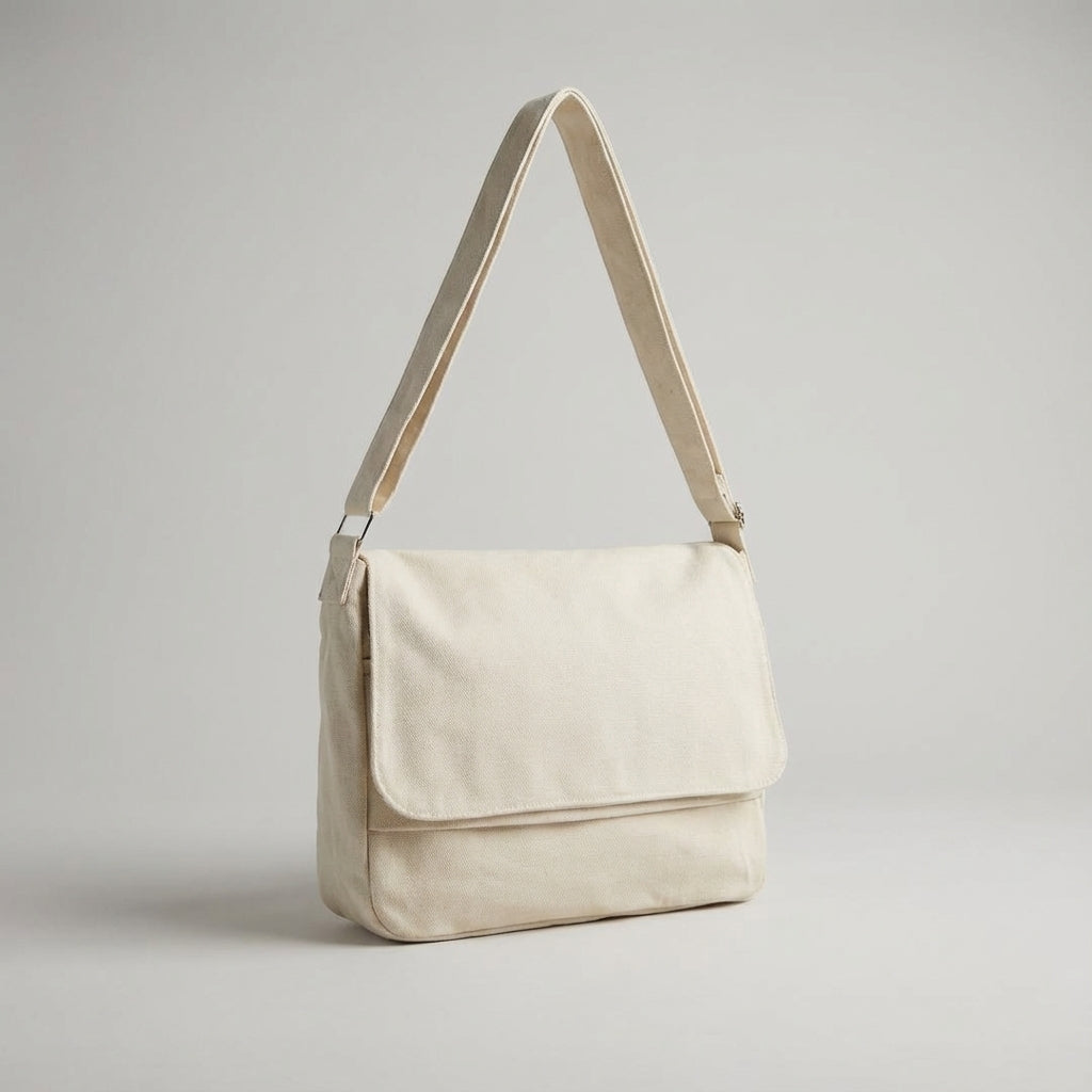 Unisex canvas messengerbag in wit. Stevige, functionele schoudertas, duurzaam en geschikt voor dagelijks gebruik.