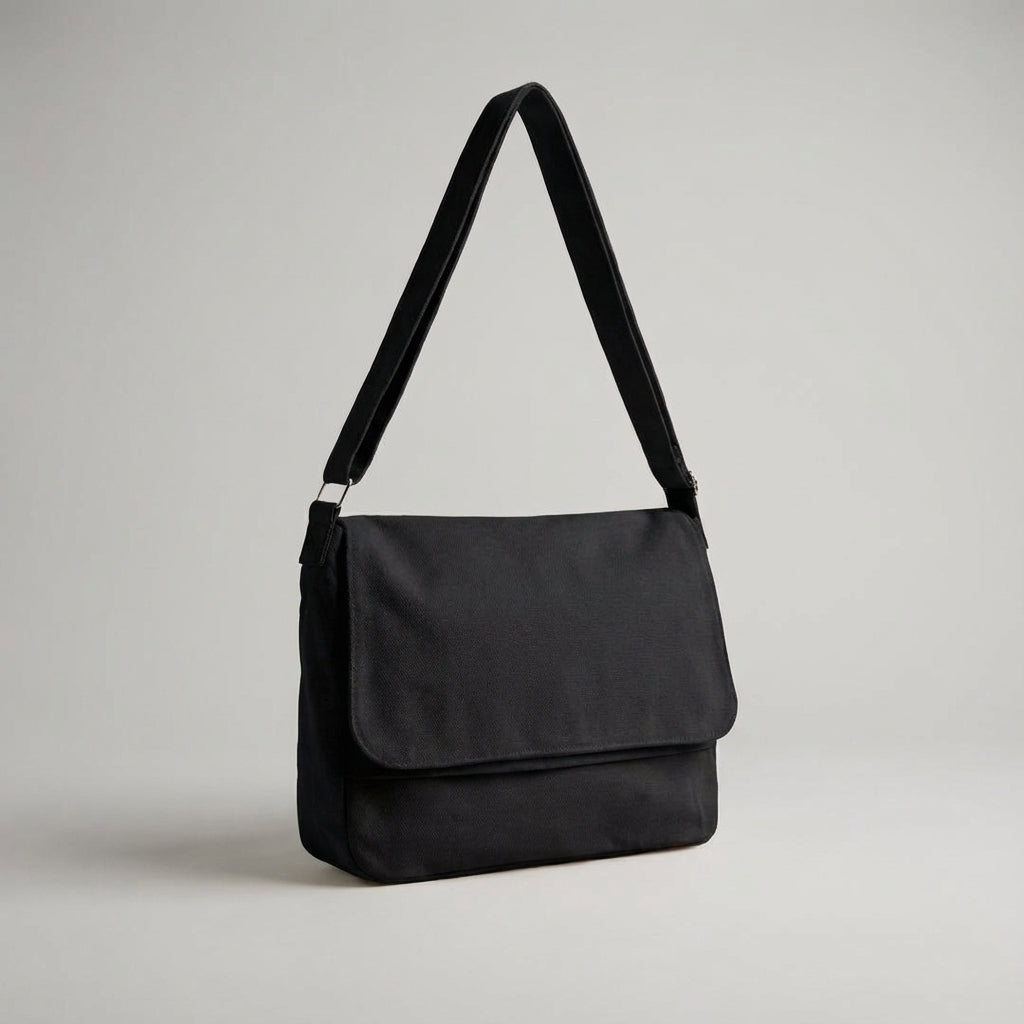 Reisvriendelijke unisex canvas schoudertas in zwart. Lichtgewicht en stevige messengerbag voor alle avonturen.