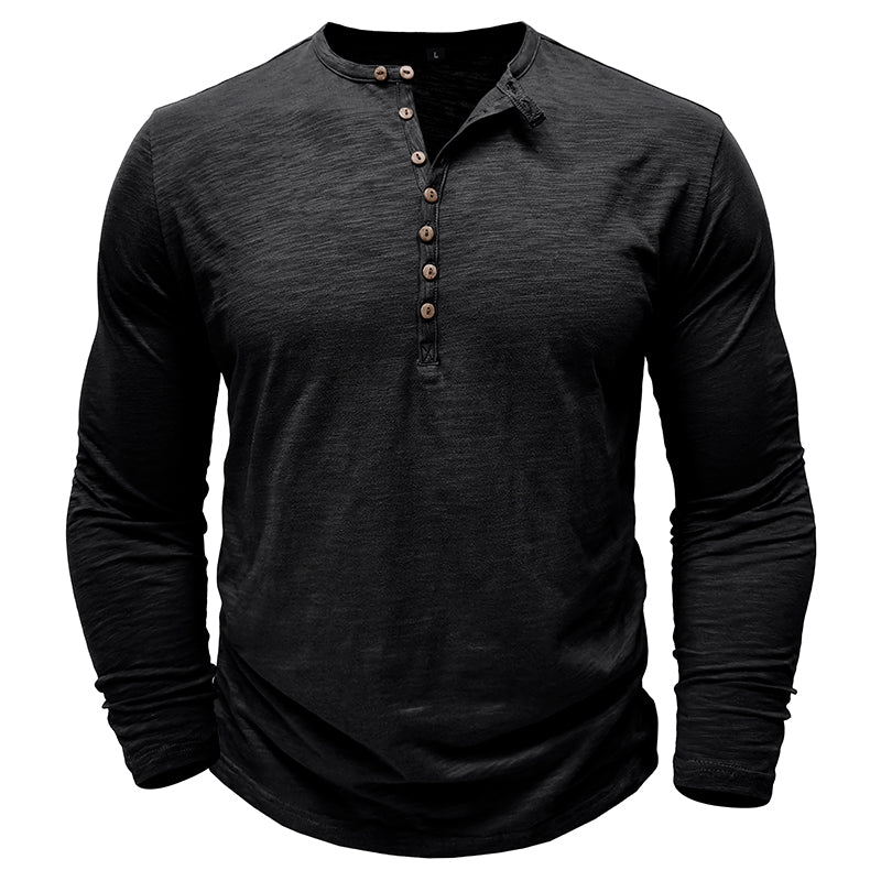 Zacht katoenen heren Henley shirt, lange mouw, casual look, ultrazachte stof, stijlvolle zeven knopen, flatterende pasvorm.