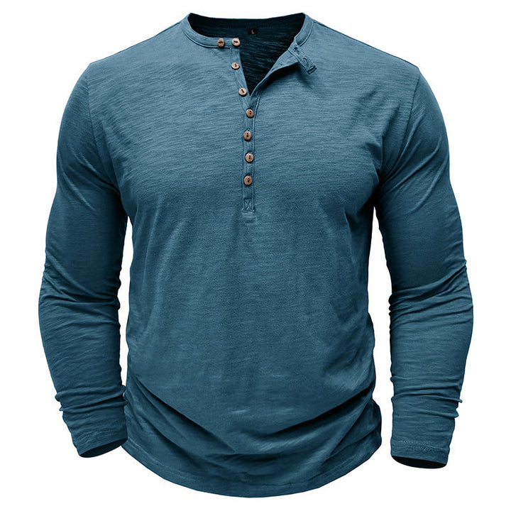 Zacht katoenen heren Henley shirt, lange mouw, casual look, ultrazachte stof, stijlvolle zeven knopen, flatterende pasvorm.