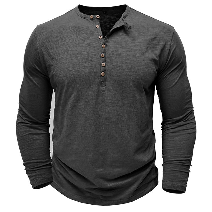 Zacht katoenen heren Henley shirt, lange mouw, casual look, ultrazachte stof, stijlvolle zeven knopen, flatterende pasvorm.