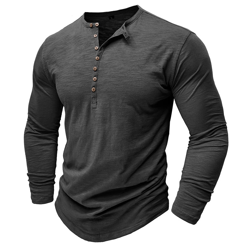 Zacht katoenen heren Henley shirt, lange mouw, casual look, ultrazachte stof, stijlvolle zeven knopen, flatterende pasvorm.
