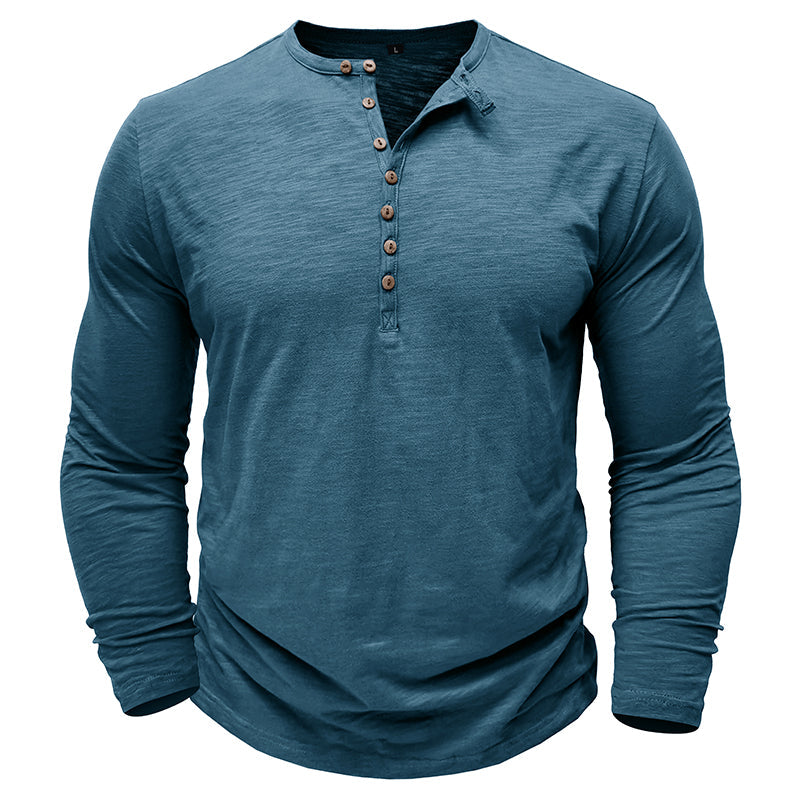 Zacht katoenen heren Henley shirt, lange mouw, casual look, ultrazachte stof, stijlvolle zeven knopen, flatterende pasvorm.